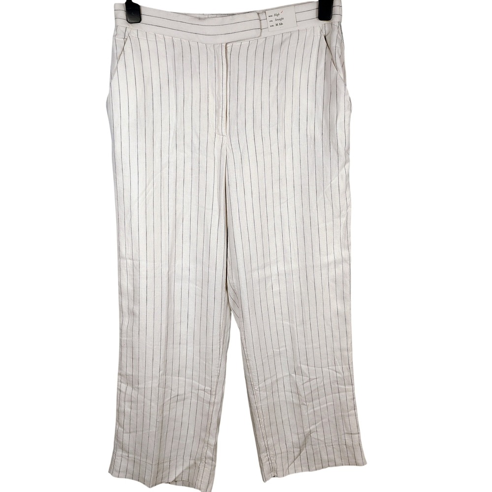 NWT Abercrombie & Fitch Womens 12s High Rise Straight Linen Pants White Stripe